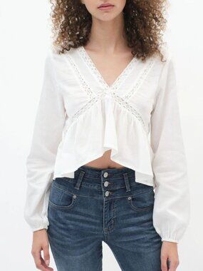 Long Sleeve Embroidered 100% Cotton V-Neck Babydoll Top